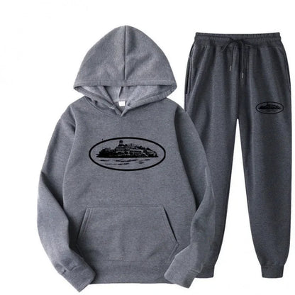 Men 2‑Pieces Tracksuit Set Oval Island Scenery Print Hoodie + Jogger Pants Casual Sports Hooded Sweatshirt Suit Male Outfit