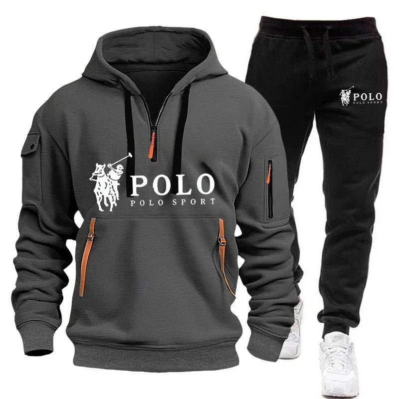 Autumn and Winter 2025 new Men's casual set, a fashionable outdoor hiking windproof and warm men's hoodie and pants 2-piece set