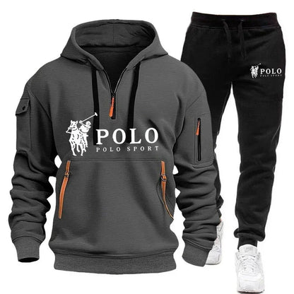 Autumn and Winter 2025 new Men's casual set, a fashionable outdoor hiking windproof and warm men's hoodie and pants 2-piece set