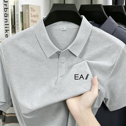 Brand Ice Silk Short Sleeve Men's Printed Polo Shirt High end Fashion Top 2026 Summer New Comfortable Breathable Casual T-shirt