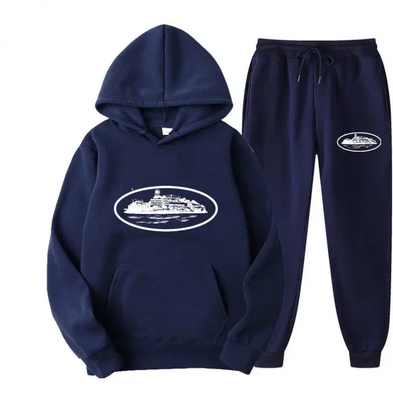 Men 2‑Pieces Tracksuit Set Oval Island Scenery Print Hoodie + Jogger Pants Casual Sports Hooded Sweatshirt Suit Male Outfit