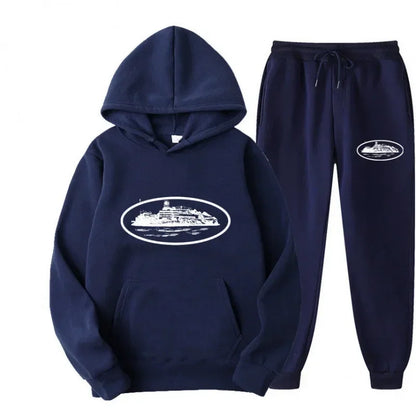 Men 2‑Pieces Tracksuit Set Oval Island Scenery Print Hoodie + Jogger Pants Casual Sports Hooded Sweatshirt Suit Male Outfit
