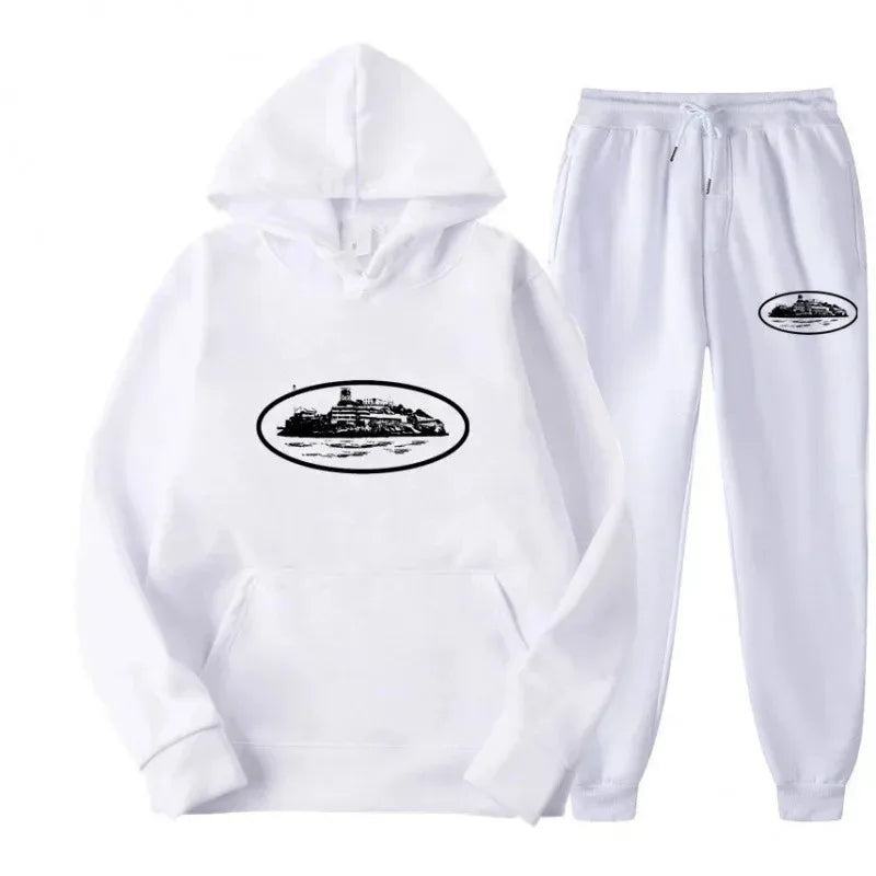 Men 2‑Pieces Tracksuit Set Oval Island Scenery Print Hoodie + Jogger Pants Casual Sports Hooded Sweatshirt Suit Male Outfit