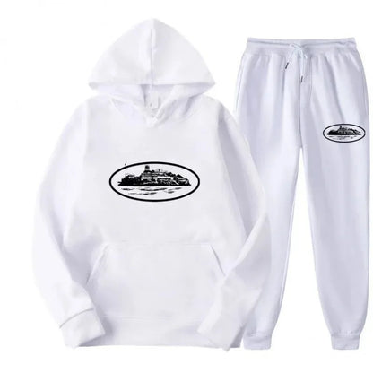Men 2‑Pieces Tracksuit Set Oval Island Scenery Print Hoodie + Jogger Pants Casual Sports Hooded Sweatshirt Suit Male Outfit