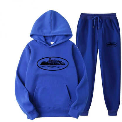 Men 2‑Pieces Tracksuit Set Oval Island Scenery Print Hoodie + Jogger Pants Casual Sports Hooded Sweatshirt Suit Male Outfit
