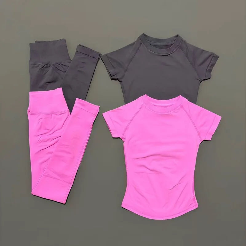 2 Pieces Sports Set Women Yoga Slim Fitness Active Top Suits Low Ribbed Band Gym Seamless Short Set Workout Leggings Sets