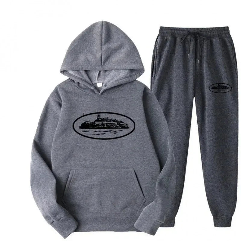 Men 2‑Pieces Tracksuit Set Oval Island Scenery Print Hoodie + Jogger Pants Casual Sports Hooded Sweatshirt Suit Male Outfit