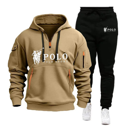 Autumn and Winter 2025 new Men's casual set, a fashionable outdoor hiking windproof and warm men's hoodie and pants 2-piece set