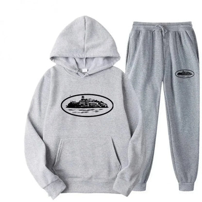 Men 2‑Pieces Tracksuit Set Oval Island Scenery Print Hoodie + Jogger Pants Casual Sports Hooded Sweatshirt Suit Male Outfit