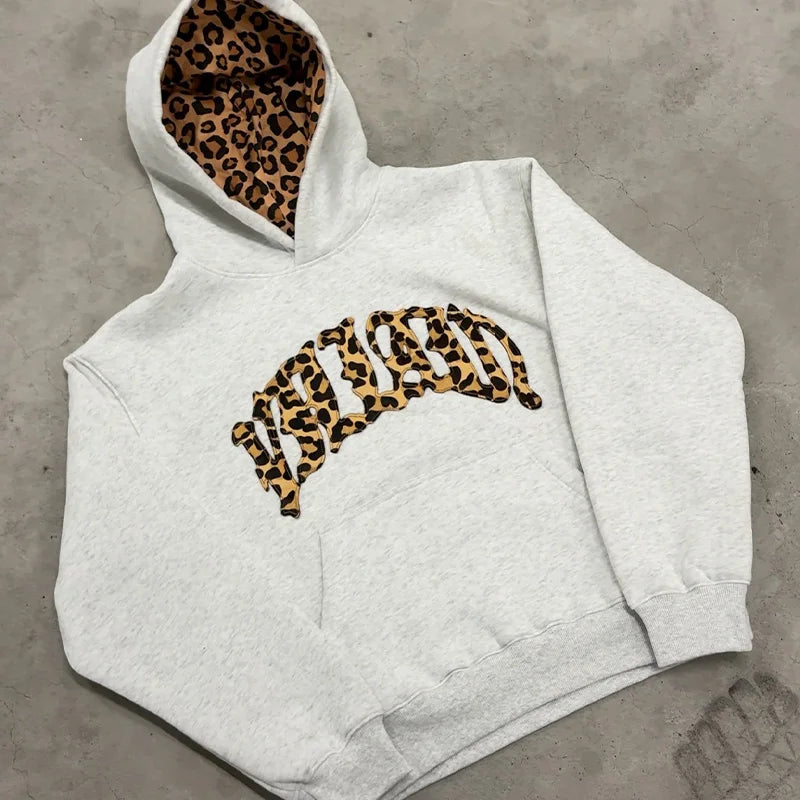 Y2K Trendy High-Quality Cross-Border Leopard Embroidered Casual Sports Men's and Women's Hooded Sweatshirt Pants