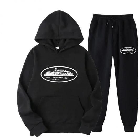 Men 2‑Pieces Tracksuit Set Oval Island Scenery Print Hoodie + Jogger Pants Casual Sports Hooded Sweatshirt Suit Male Outfit