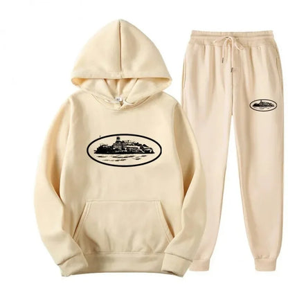 Men 2‑Pieces Tracksuit Set Oval Island Scenery Print Hoodie + Jogger Pants Casual Sports Hooded Sweatshirt Suit Male Outfit