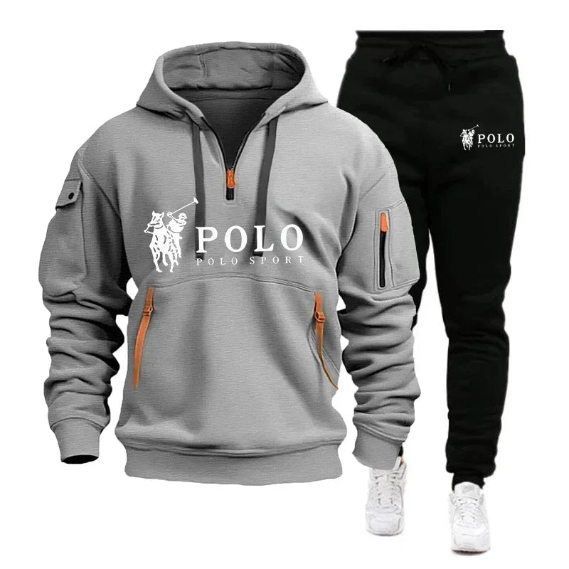 Autumn and Winter 2025 new Men's casual set, a fashionable outdoor hiking windproof and warm men's hoodie and pants 2-piece set